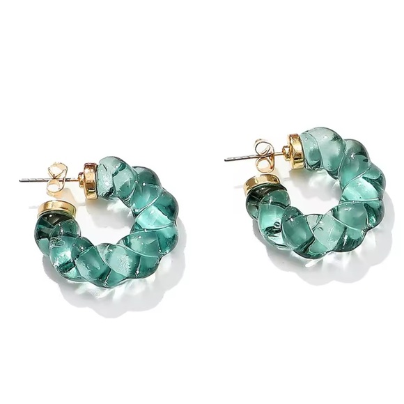 ◾️18k Gold Plated C Shape Blue Twist Hoop Earrings - Picture 2 of 6